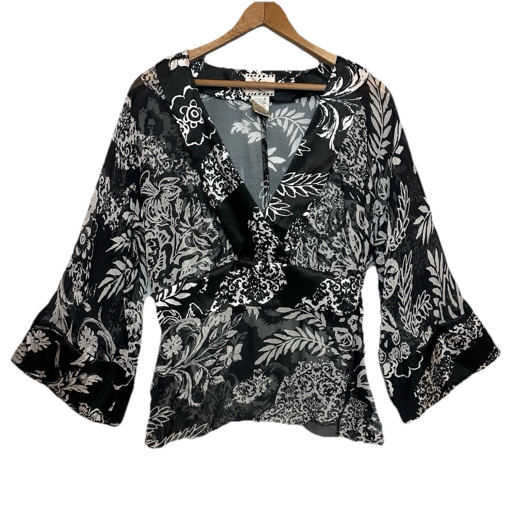Vintage iCE Silk Blouse Women’s Size M Black White Sheer 3/4 Bell Sleeves Y2K