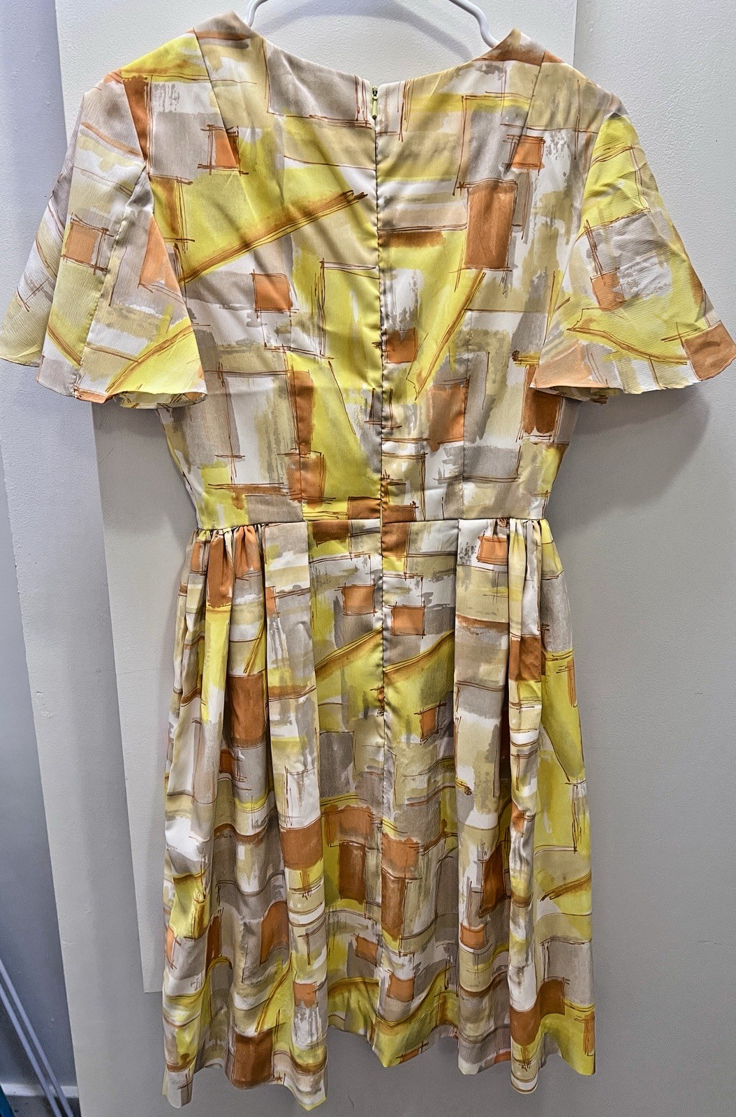 Vtg 60’s MCM Women’s S Mod Day Dress Abstract Geometric Print Flutter Sleeve EUC