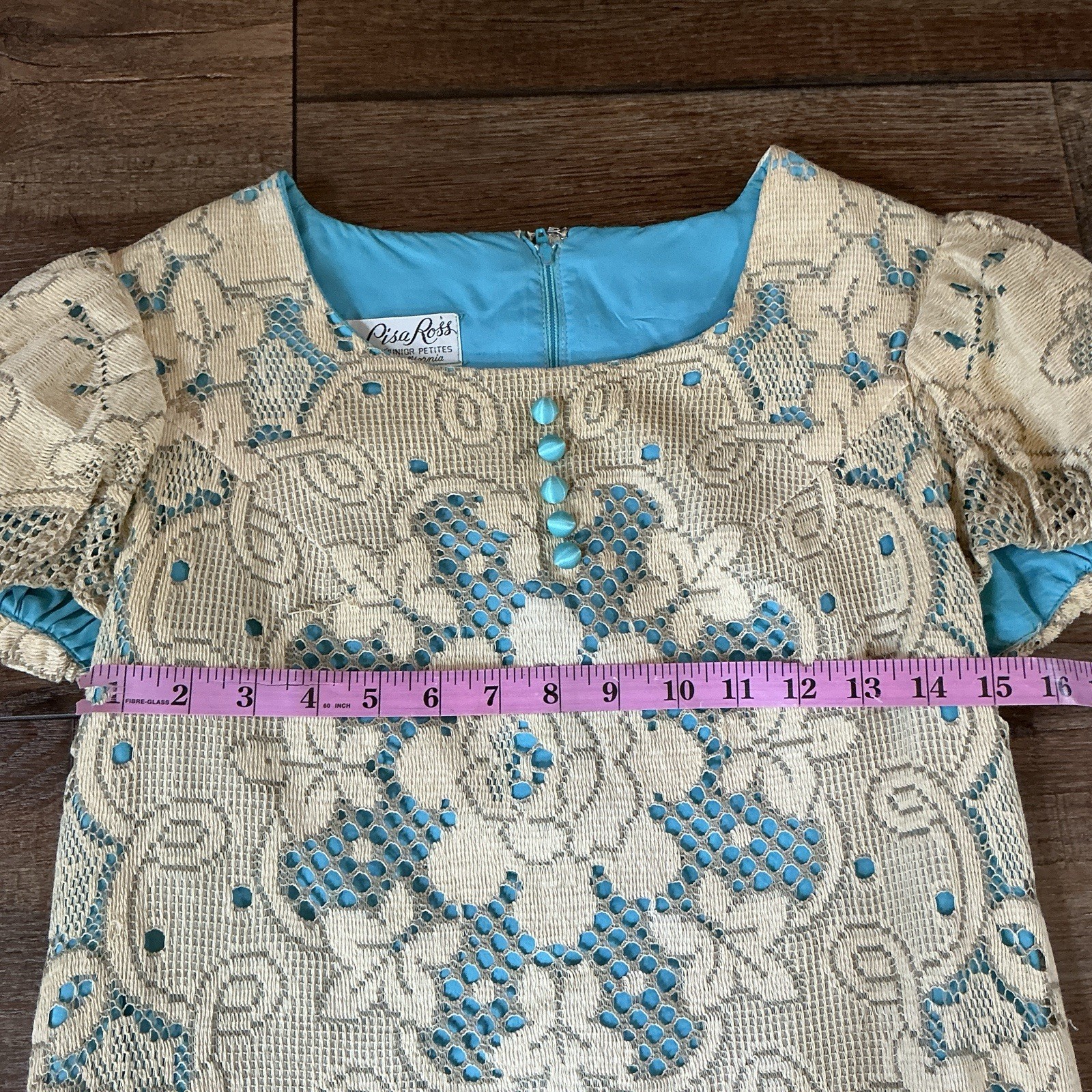 60s VINTAGE Lisa Ross California Lace Shift Dress Turquoise Lined Size 7 #10E3