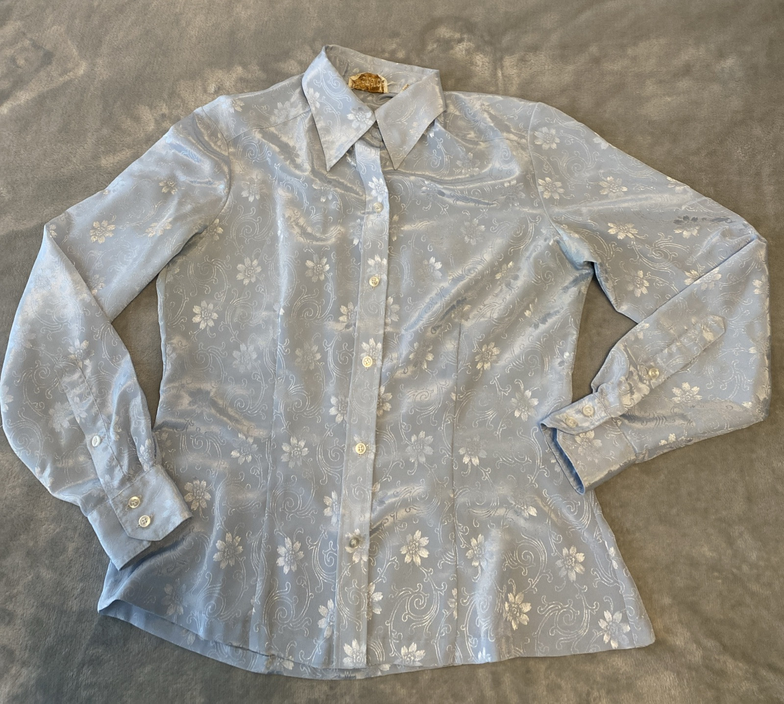 Vintage 70’s Amanda Blouse Shirt 100% Polyester Floral Blue Women’s Sz L