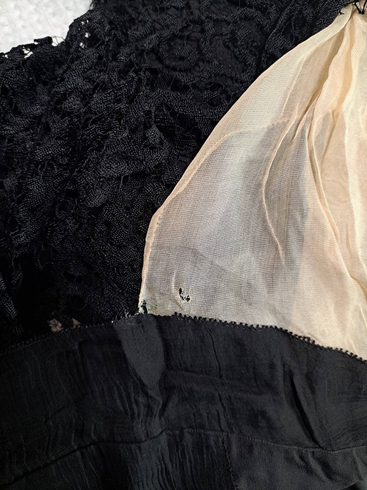 Antique 1920s Dress Black Lace over Silk Dropped Waist Long Sleeve