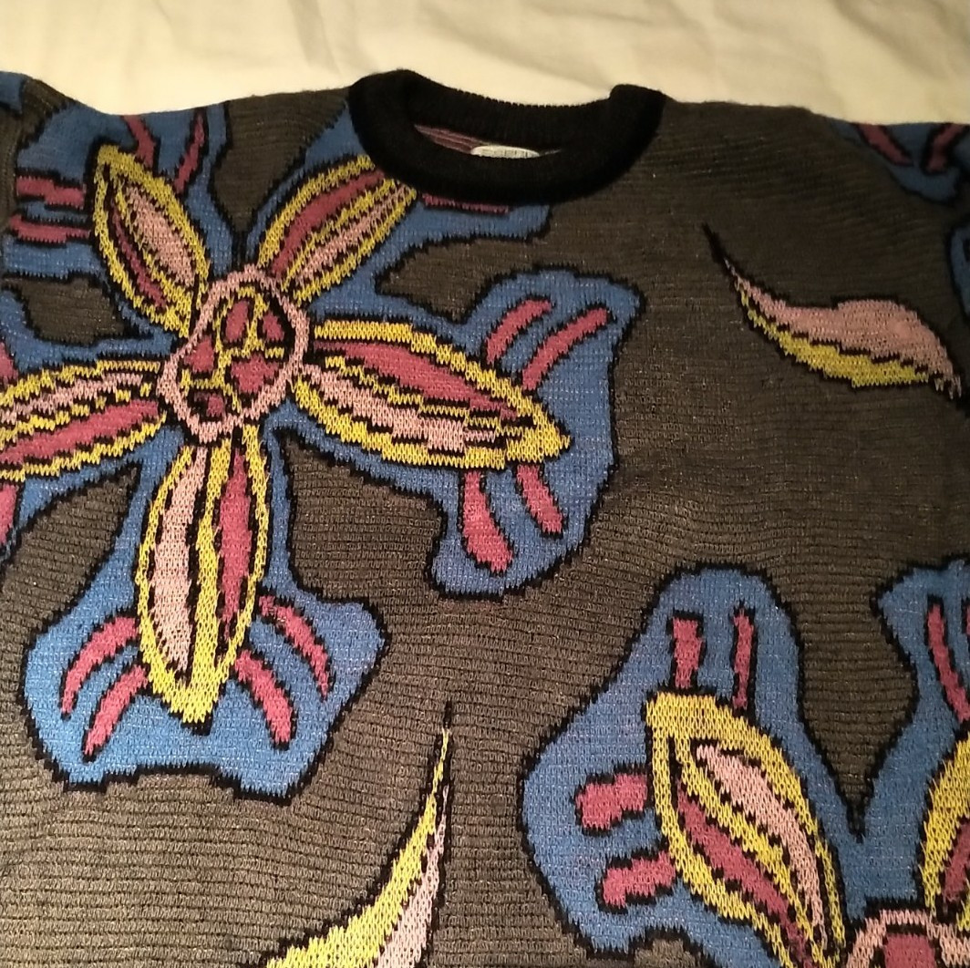 VINTAGE 1980S ESPRIT FLORAL PRINT WOOL SWEATER GREY BLACK BLUE SIZE M MEDIUM