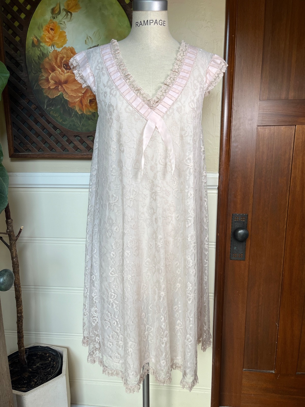 VTG Odette Barsa Floral Lace Robe & Pink Chiffon Nightgown Peignoir Coquette M/L
