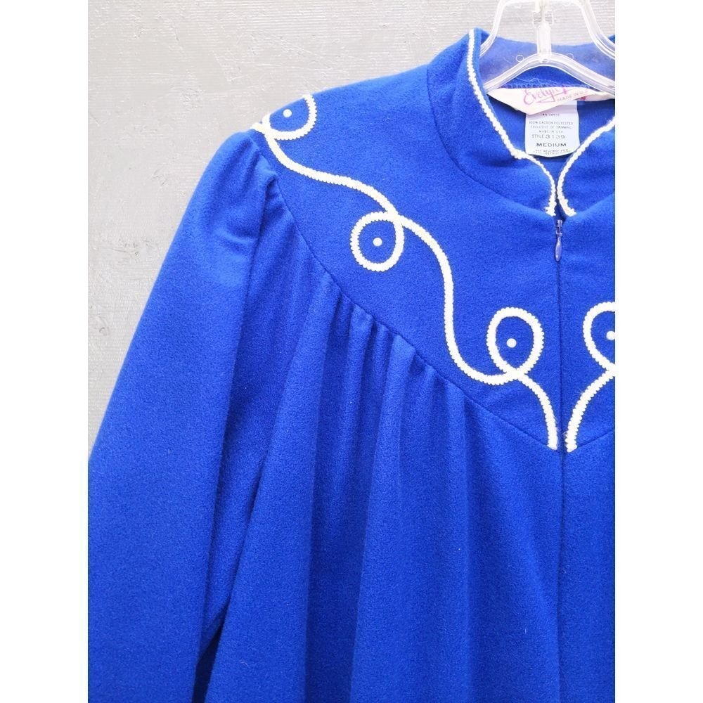 Evelyn Pearson Robe House Coat M Blue Vintage Zip Front Embroidered Maxi Lounger