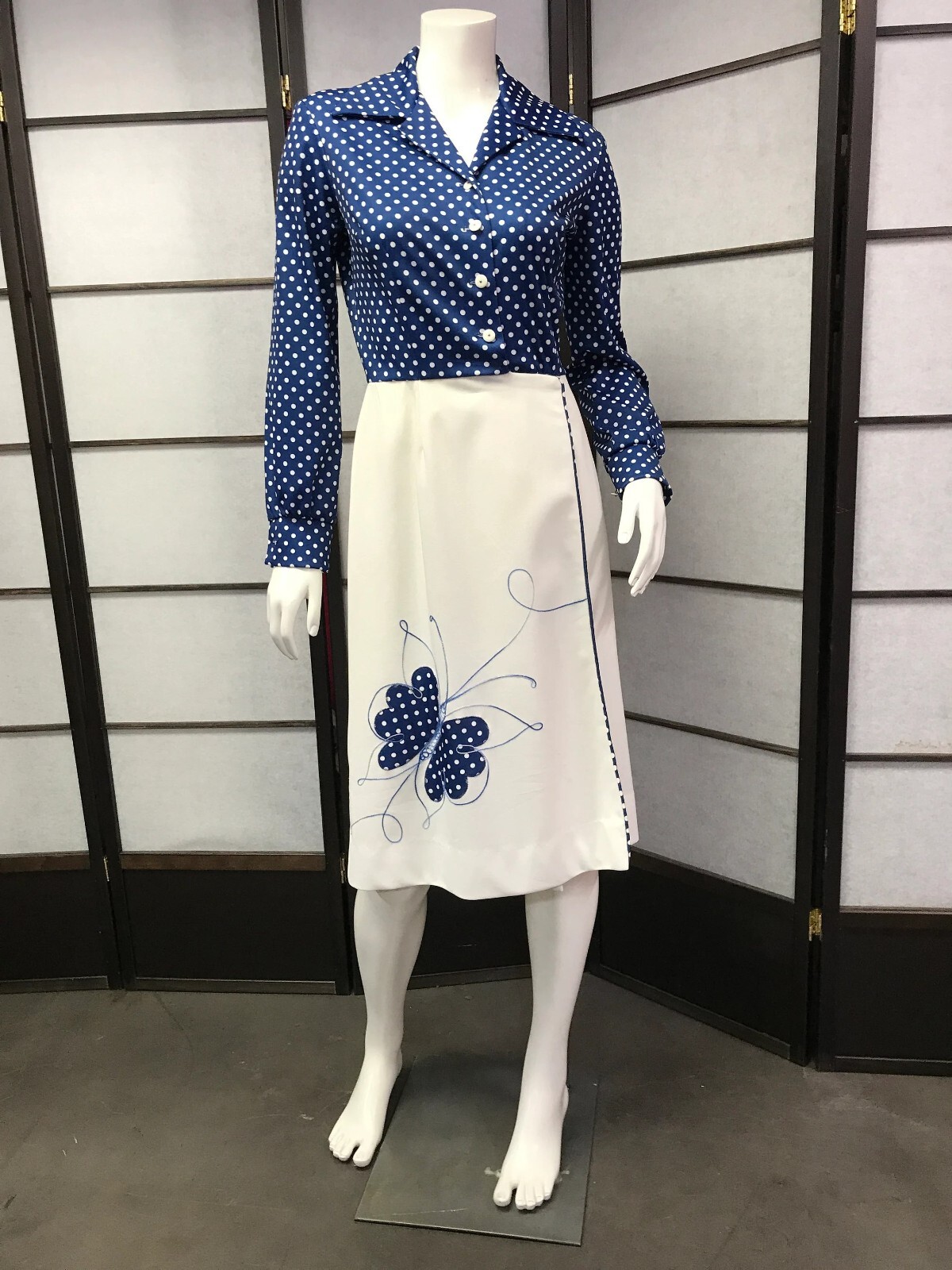 70s Vtg Evie Addams Polka Dot Butterfly Dress, Rockabilly, Retro, Pin-Up, Swing