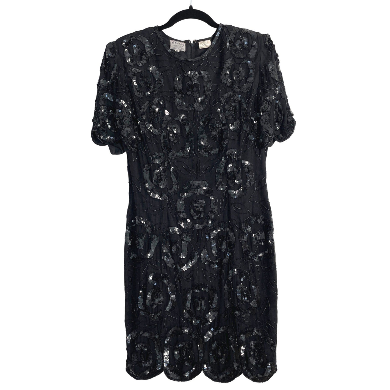 Stenay Vintage Black Silk Sequin Beaded Floral Cocktail Dress Size 10 Scalloped