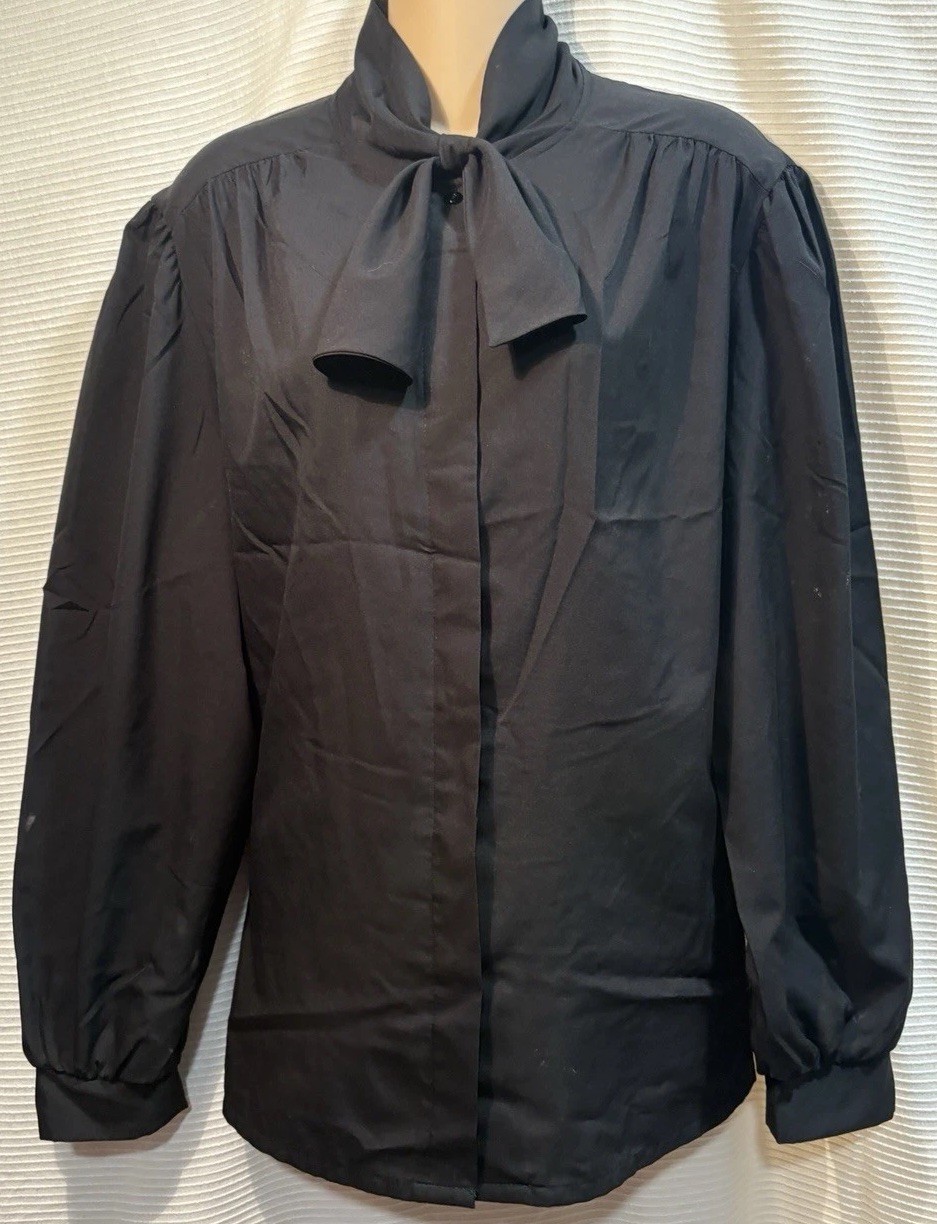 Vintage 70s Judy Ms Bond Black Polyester Bow At Neck Blouse Shirt Top 42/8