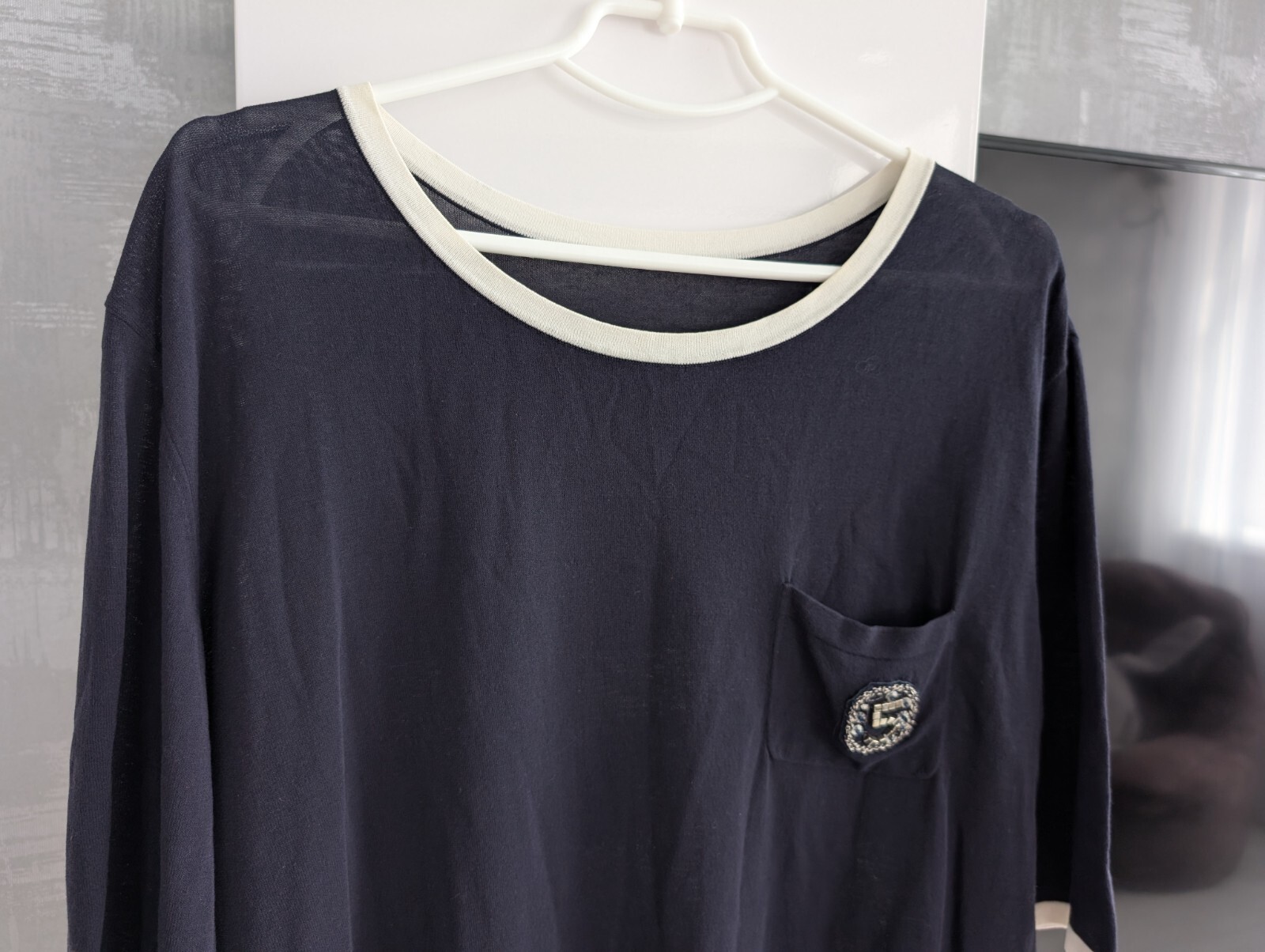 Chanel No 5 Embellished Logo Navy Silk Viscose Blouse Top T-Shirt Oversized 2XL