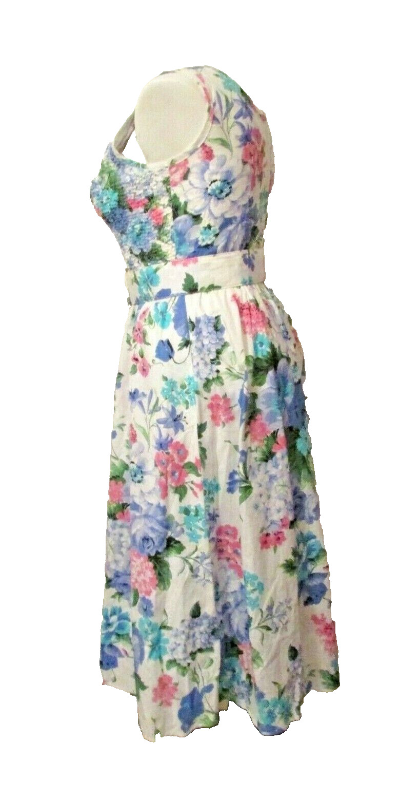 80s Jeffrey & Dara Linda Hutley Cotton Floral Smoked Bodice Dress 11/12 USA made