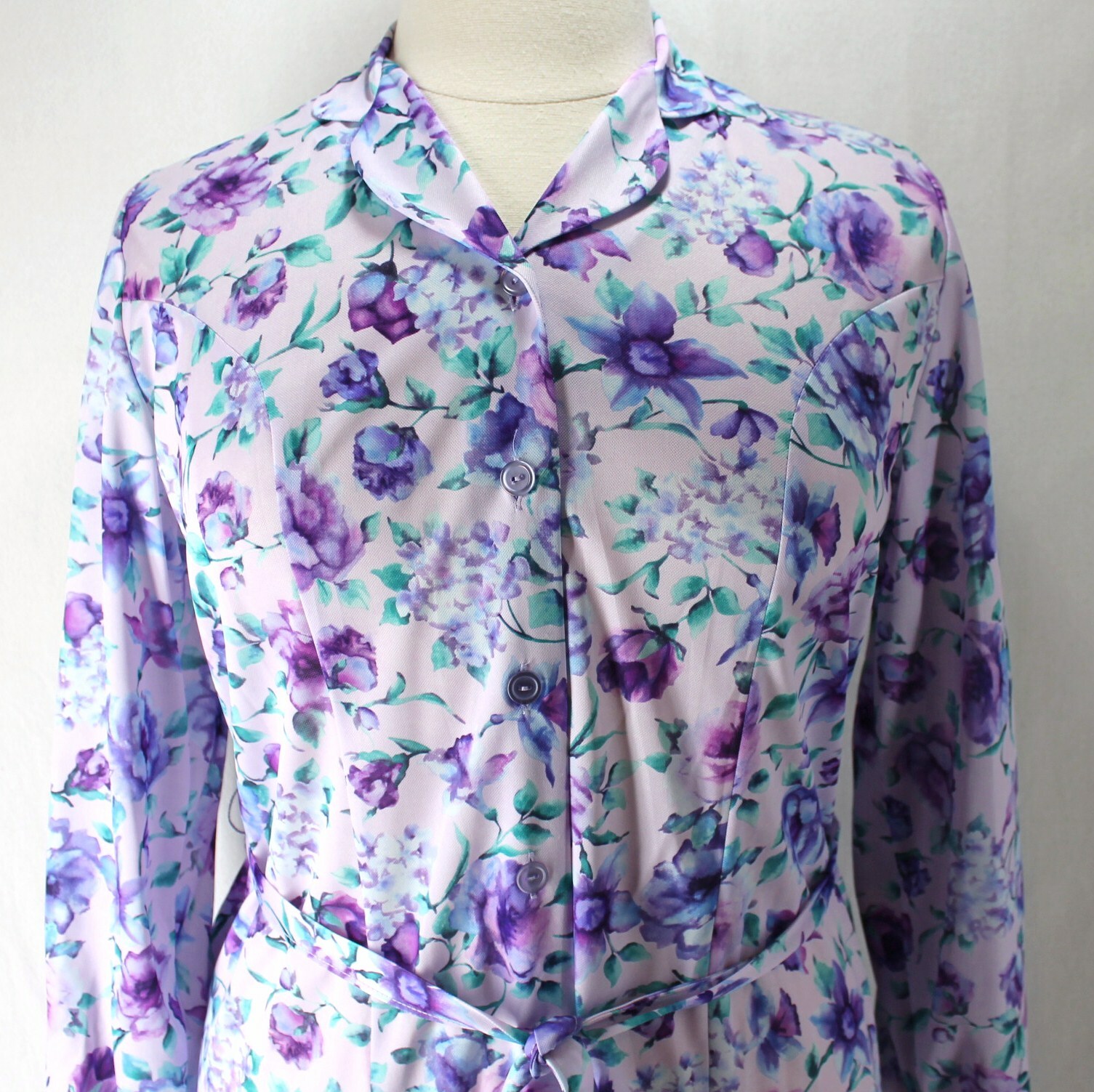 Nancy Frock Wear Anywhere Dress Womens 16 1/2 Purple Floral Long Sleeve Vintage