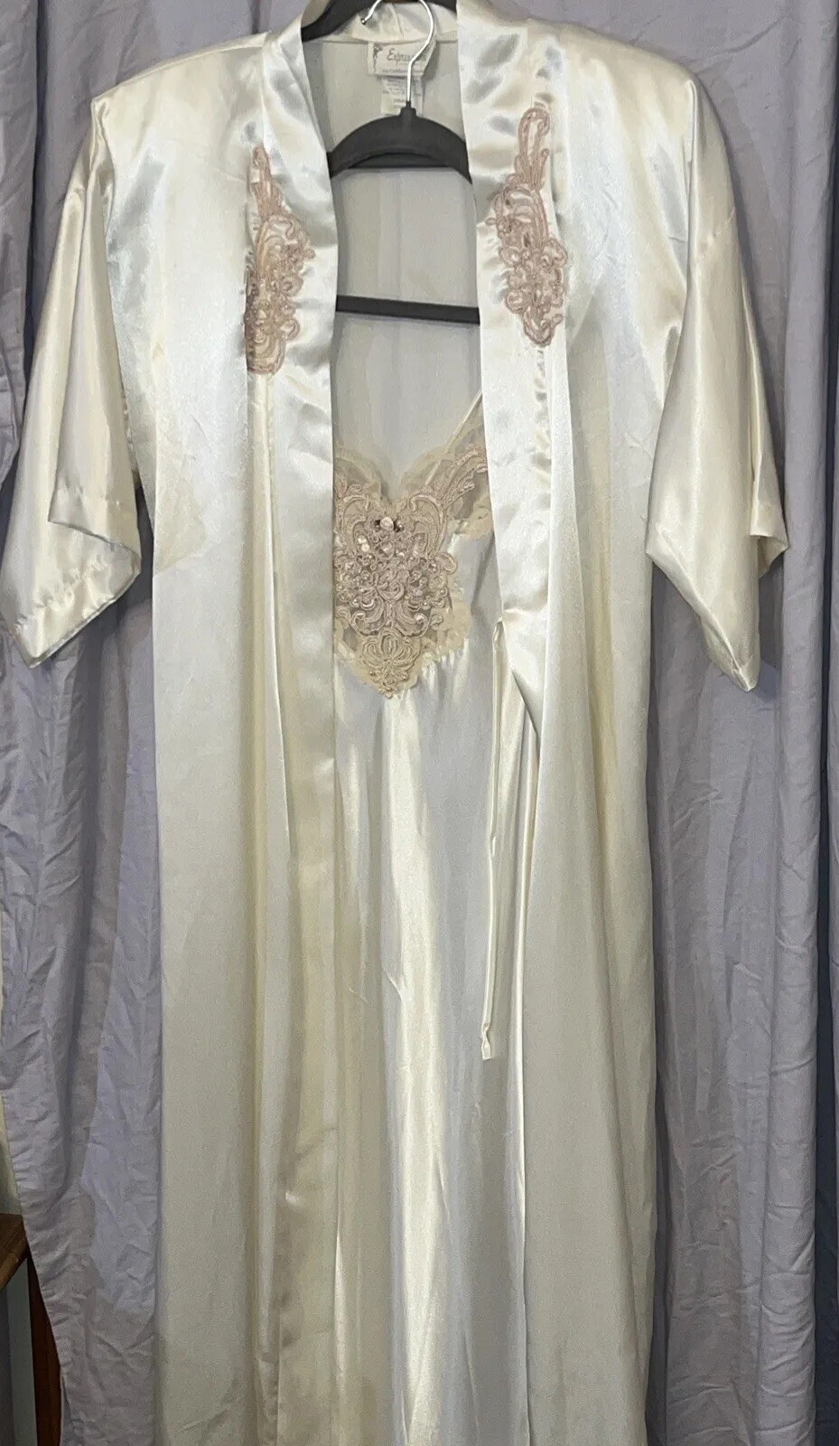 Vintage Expressions Sm Bridal Robe Gown PEIGNOIR SET Cream Sateen Lace Beading