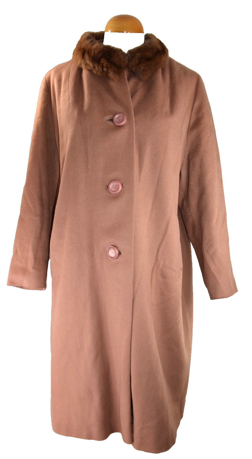 Swing Car Coat Mink Fur Collar Chocolate Brown Wool VTG MCM 50s 60s 46″ chest L