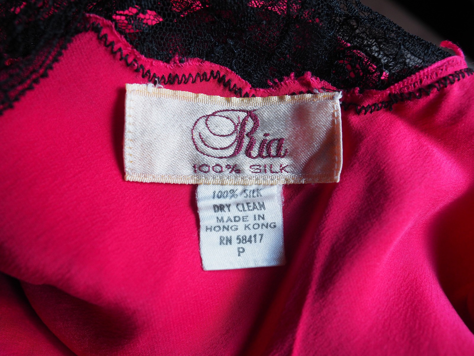 Vintage Ria 100% Silk Lingerie Slip Dress Mermaid Gown Hot Pink Black Lace P