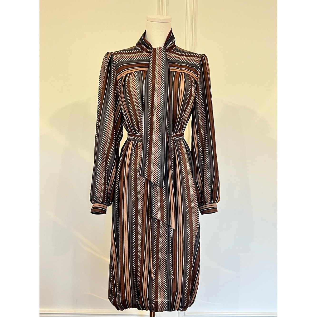 Vintage 70s Secretary Dress Brown Stripe Bow Scarf Neck Belted Blouson