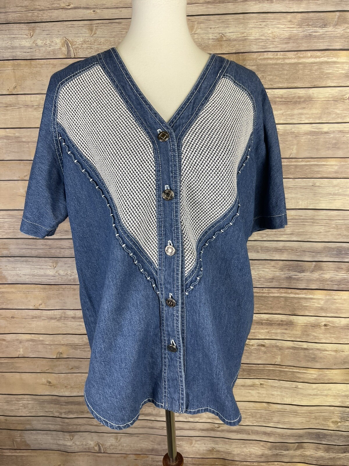Vintage Monique Fashions 12 Petite Denim Western Top Button Up Blue Jean Boho