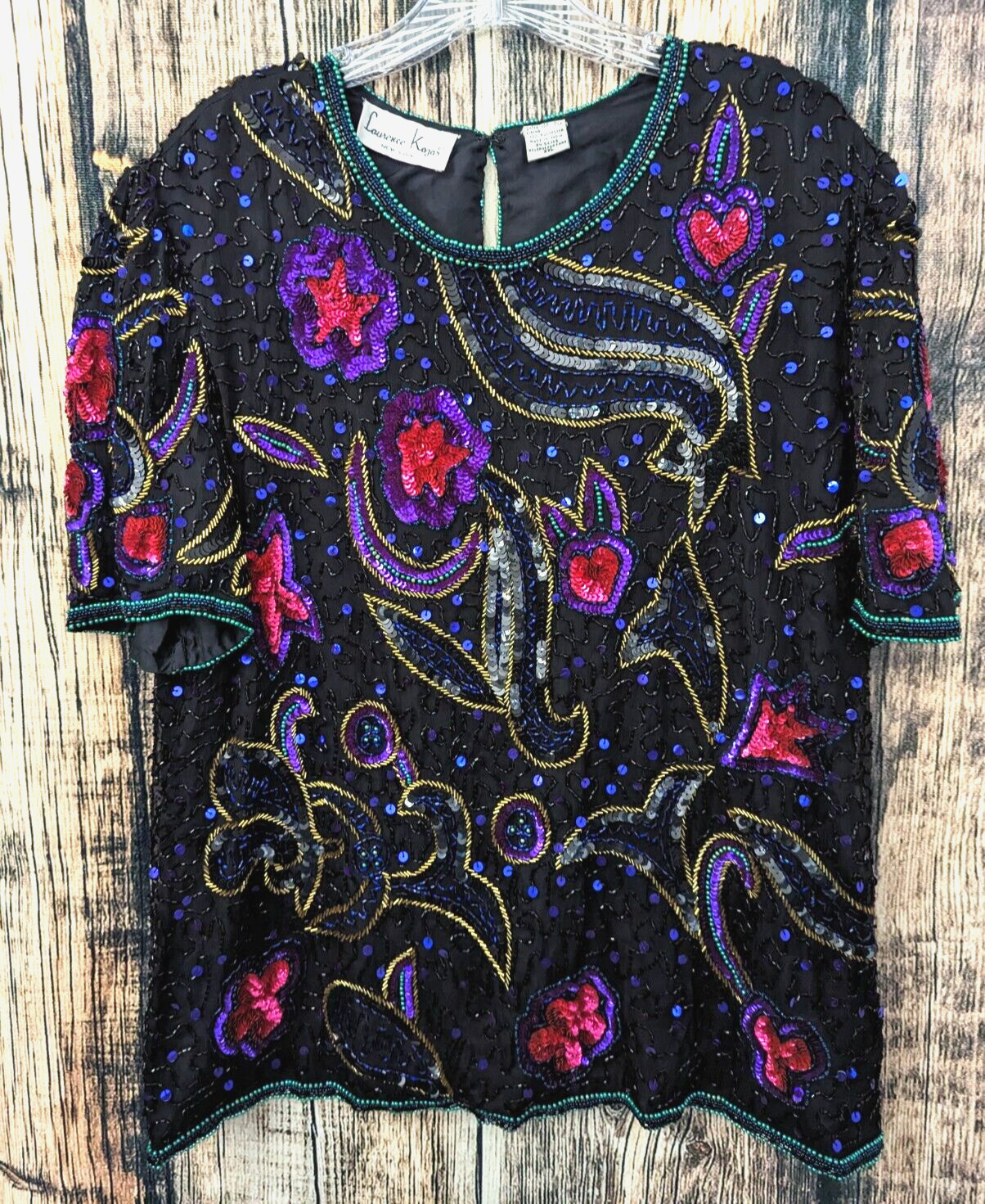 VTG Laurence Kazar 100% Silk Top Women XXL Beaded Mardi Gras Whimsigoth Elegant