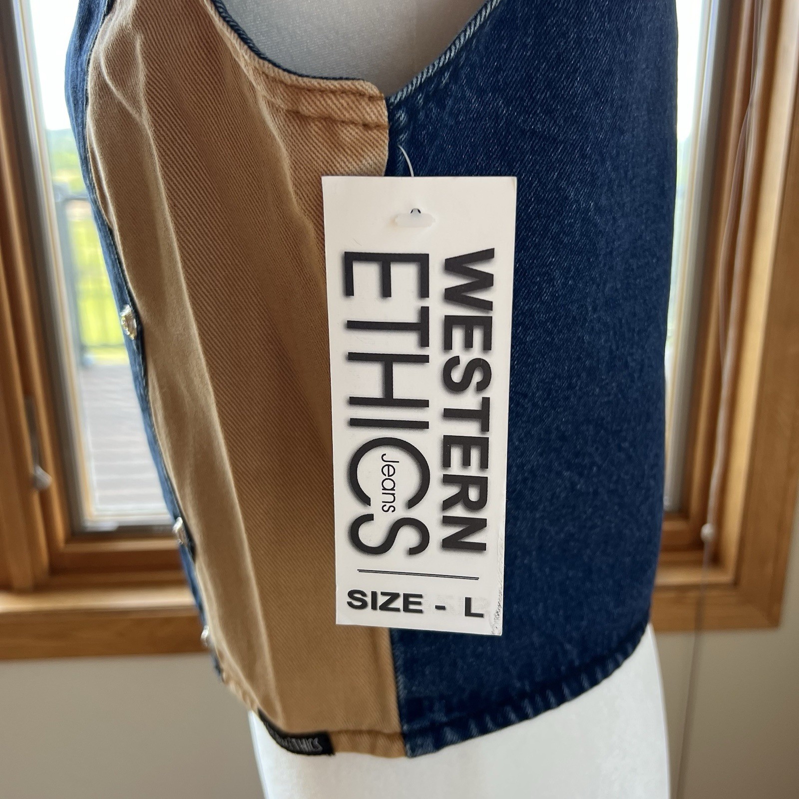Vintage Western Ethics Bling Vest L Denim Tan 2 Tone 80s Scalloped Zip Cowgirl