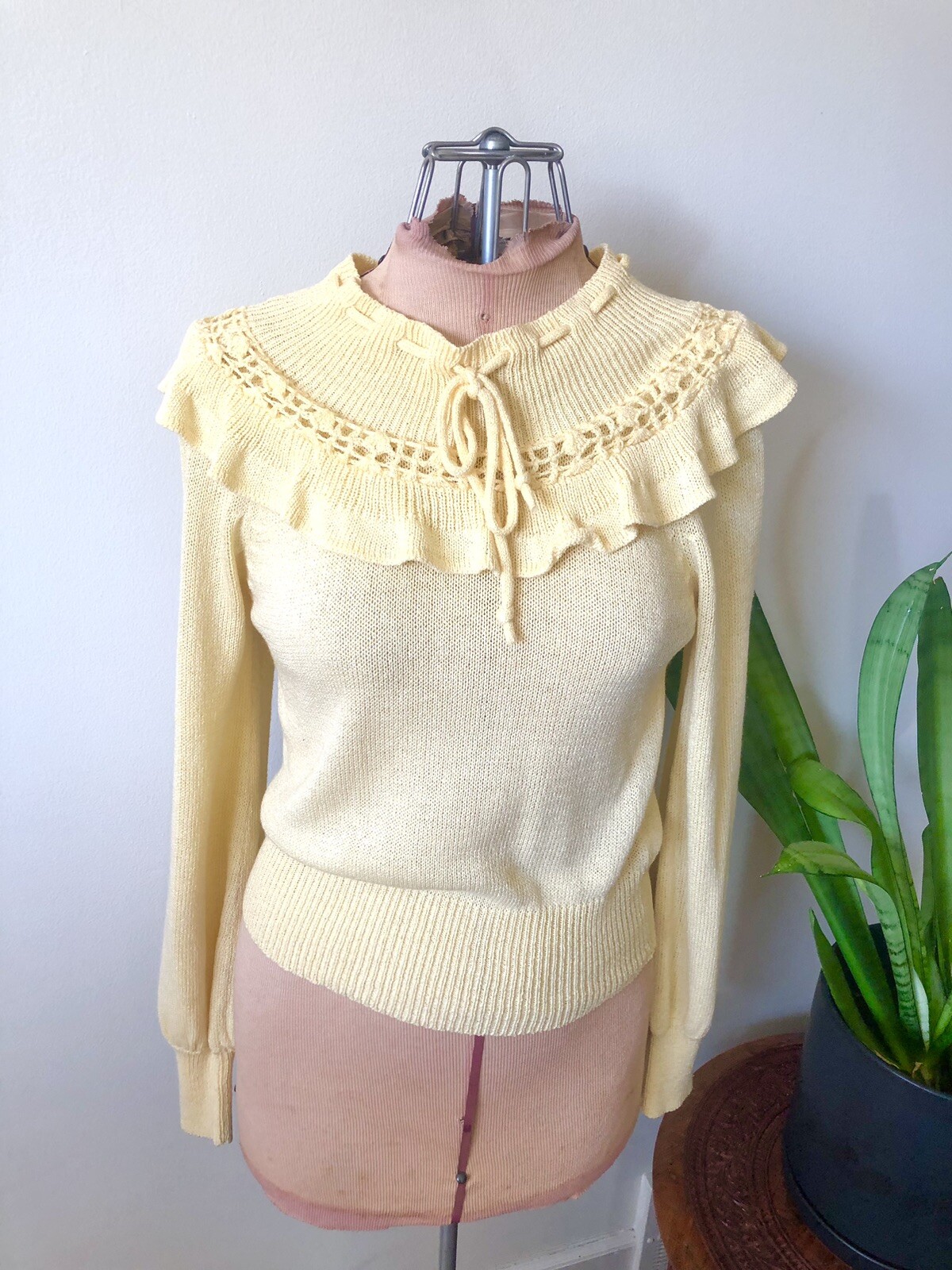 70’s Lemon Chiffon Ruffle Knit Top, XS