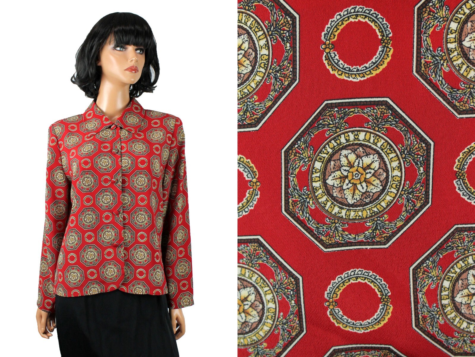 Vintage Secretary Blouse Sz 12 L Christie & Jill Red Brown Geometric Dress Shirt