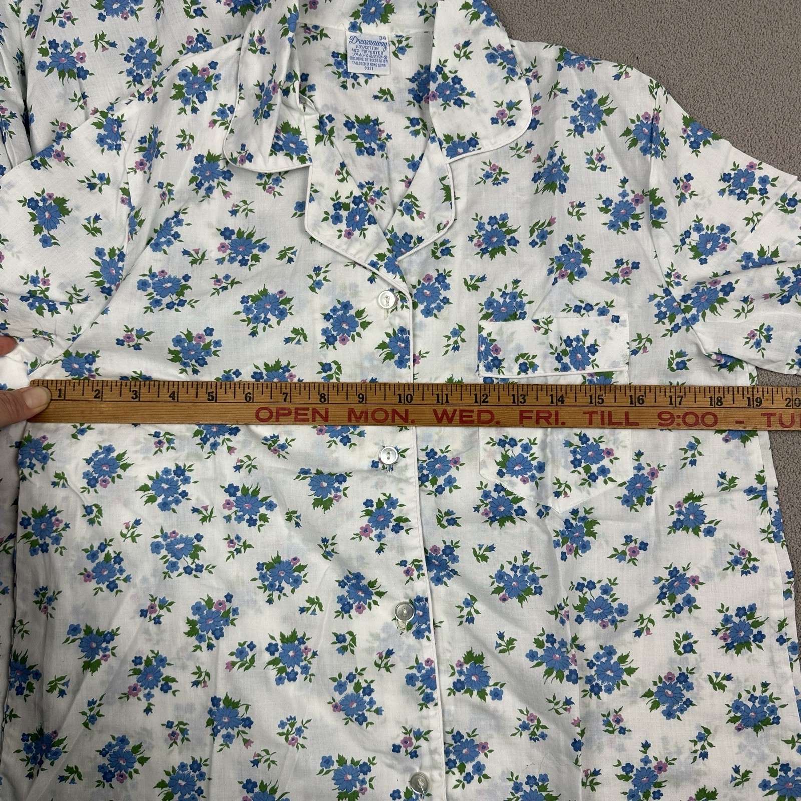 Vtg Dreamaway Pajama PJ Set Top & Pants Blue White Flowers Sanforized Sz 34