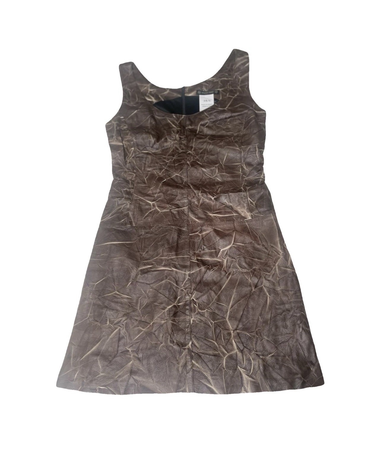 Vintage Plein Sud Brown Crinkled Leather A-Line Dress FR 38 US 6 Made in France