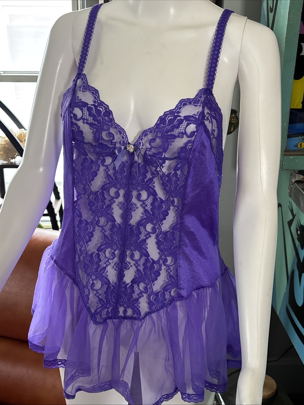 VTG Lingerie 80s 90s Medium Purple Nylon Unbranded Lace and Mesh Babydoll 32″