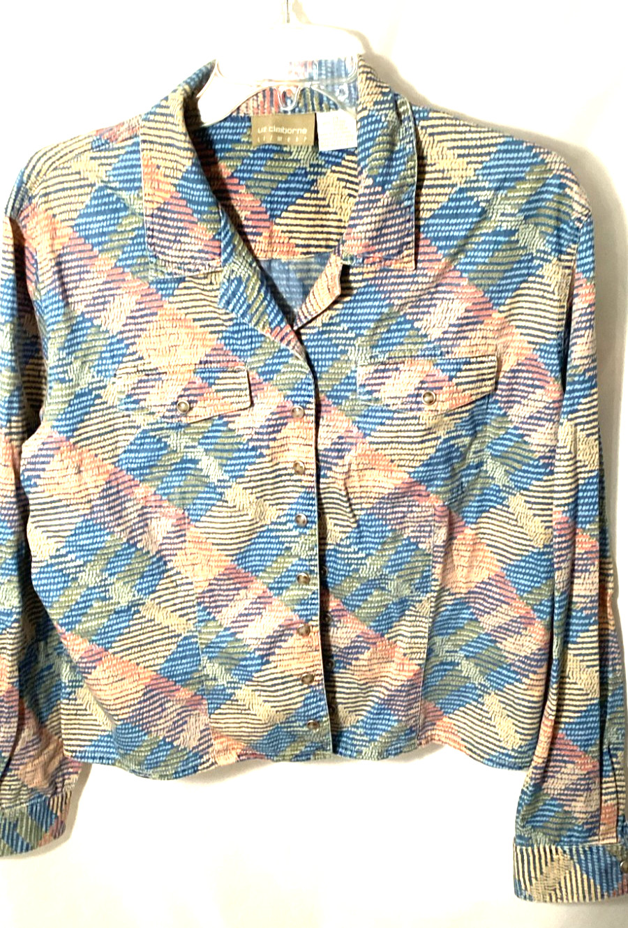 Vintage Liz Claiborne Lizwear Pastel Plaid Snap Up Cotton Shirt Long Sleeve