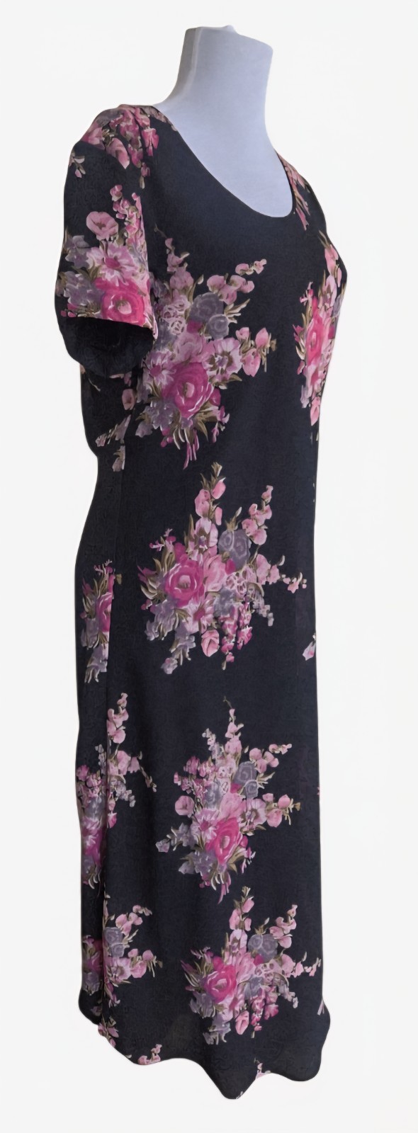 1990s MISS DORBY PETITE Chiffon Poly Maxi Dress With Pink Floral Design Size 14P