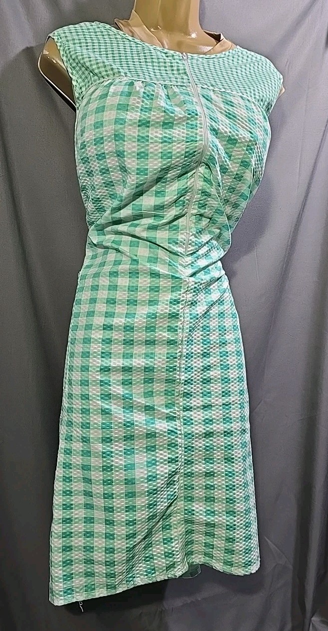 Sexy Retro Housecoat Housedress 1/2 Zip With Pockets Green Gingham 2X