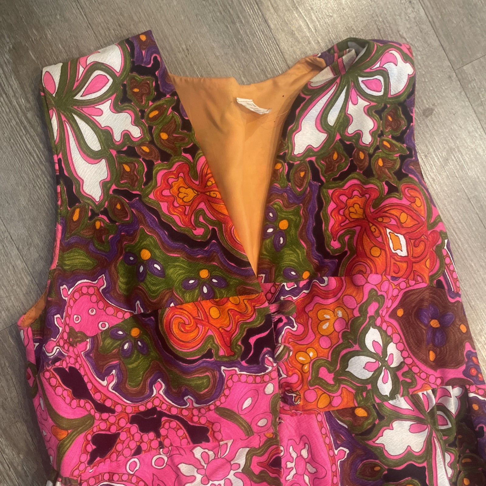Vtg Sleeveless Maxi Dress Hot Pink Multicolor Psychedelic Print Barkcloth Lg