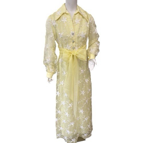 Vintage Lee Jordan NY Formal Yellow Chiffon Embroidered Dress EUC Size XS/S