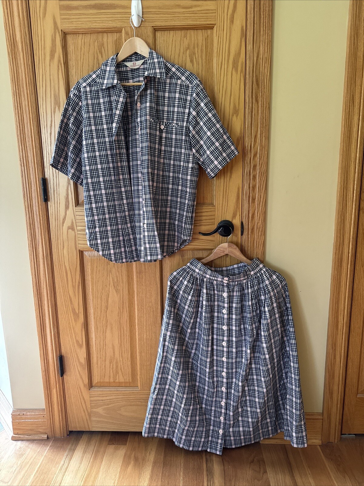 Vintage 80s Skirt Set Womens Cotton Plaid Skirt (6)& Blouse(8)
