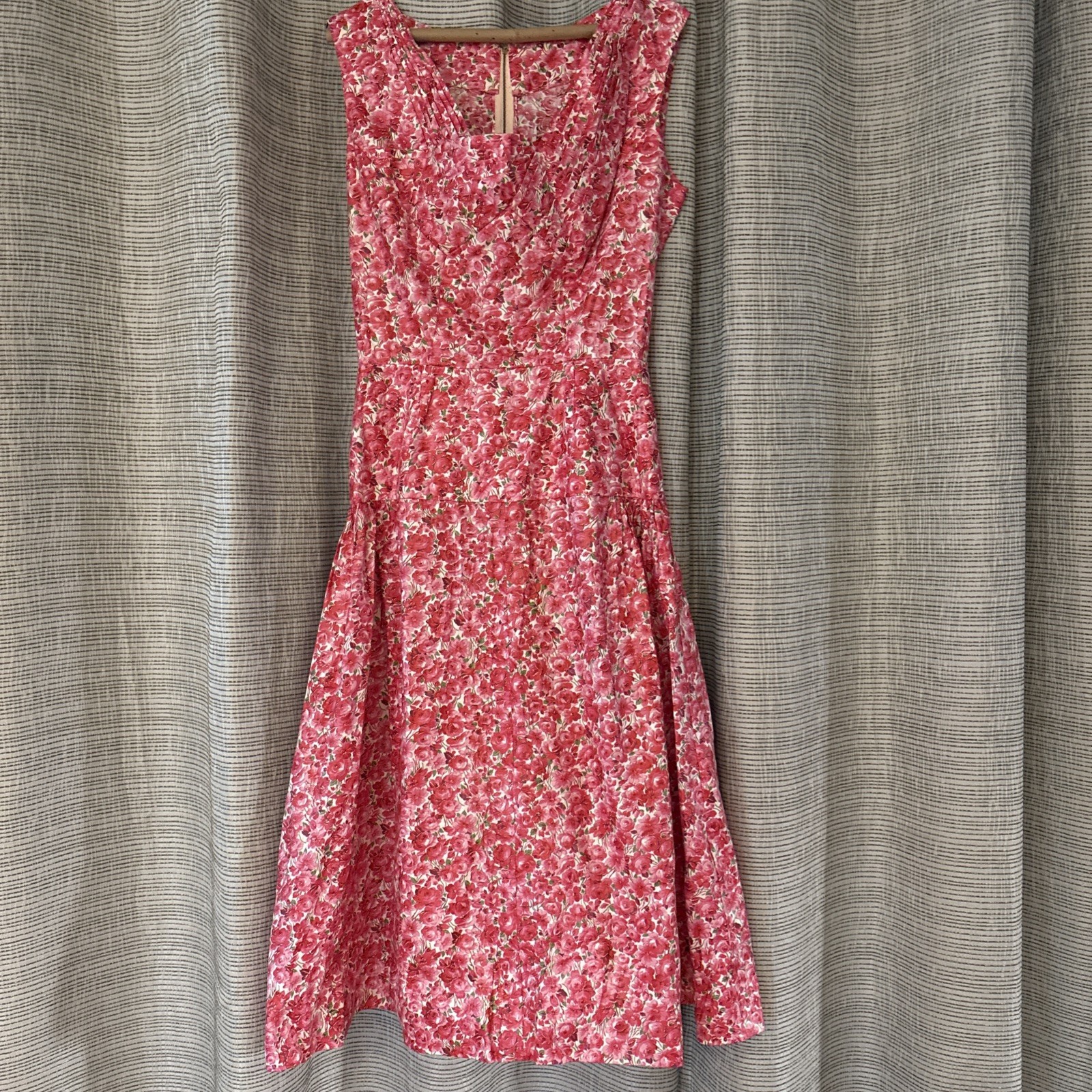 VTG Drop Waist PINK FLORAL ROSES Cottagecore Picnic Party Dress 70s/80s