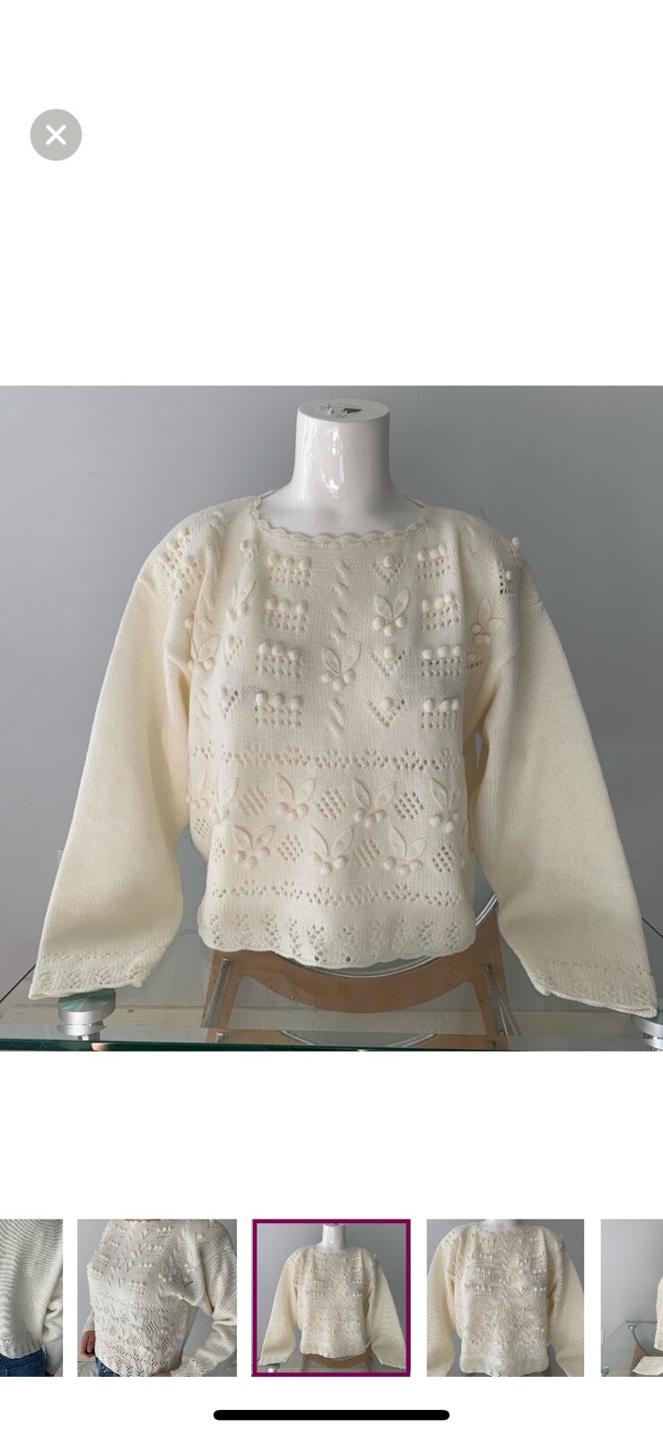 New Rare Item Vintage 80s Retro Cream Crochet Floral Sweater Medium