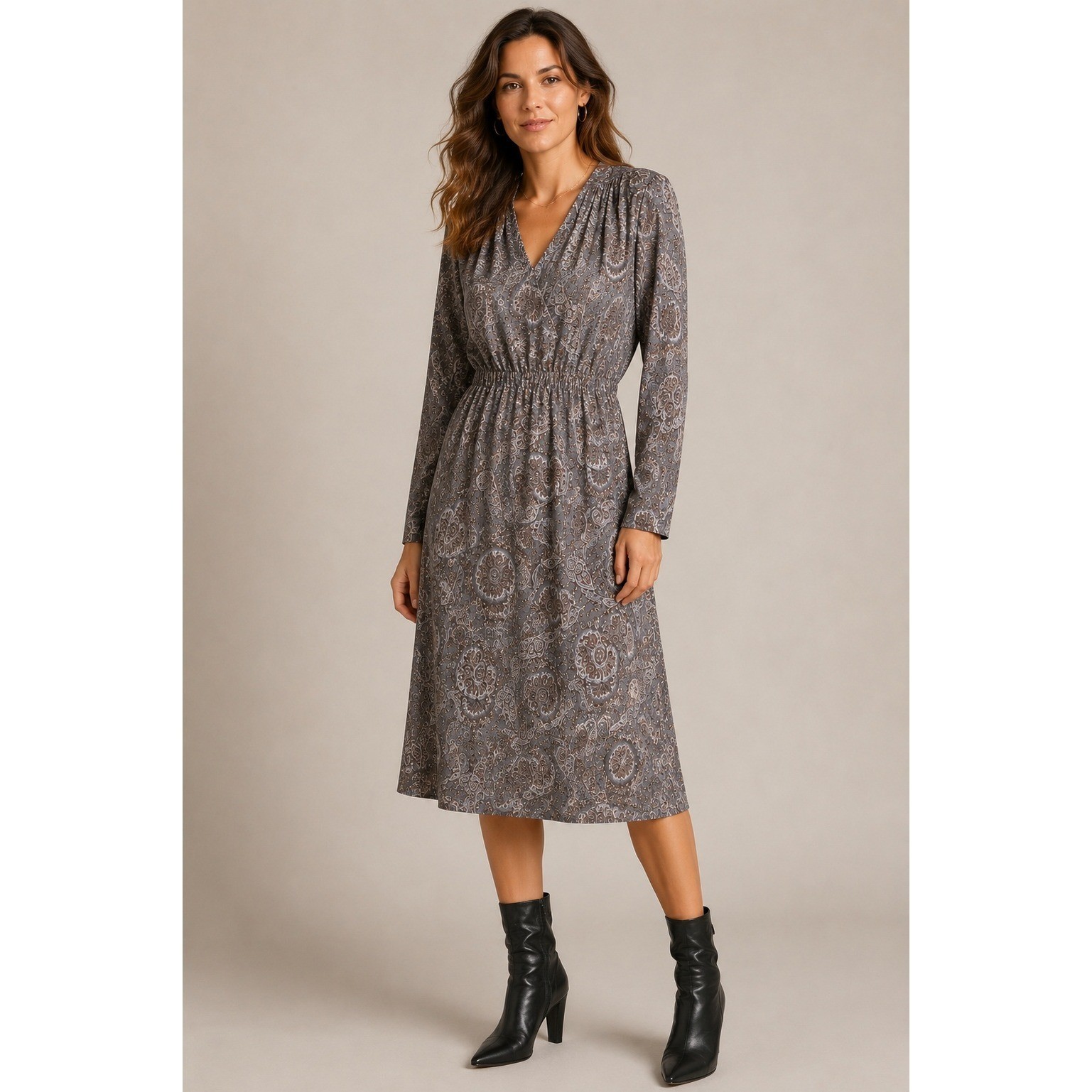 Liz Claiborne Paisley Midi Dress Vintage Boho Dark Academia Gray Rayon M 8/10
