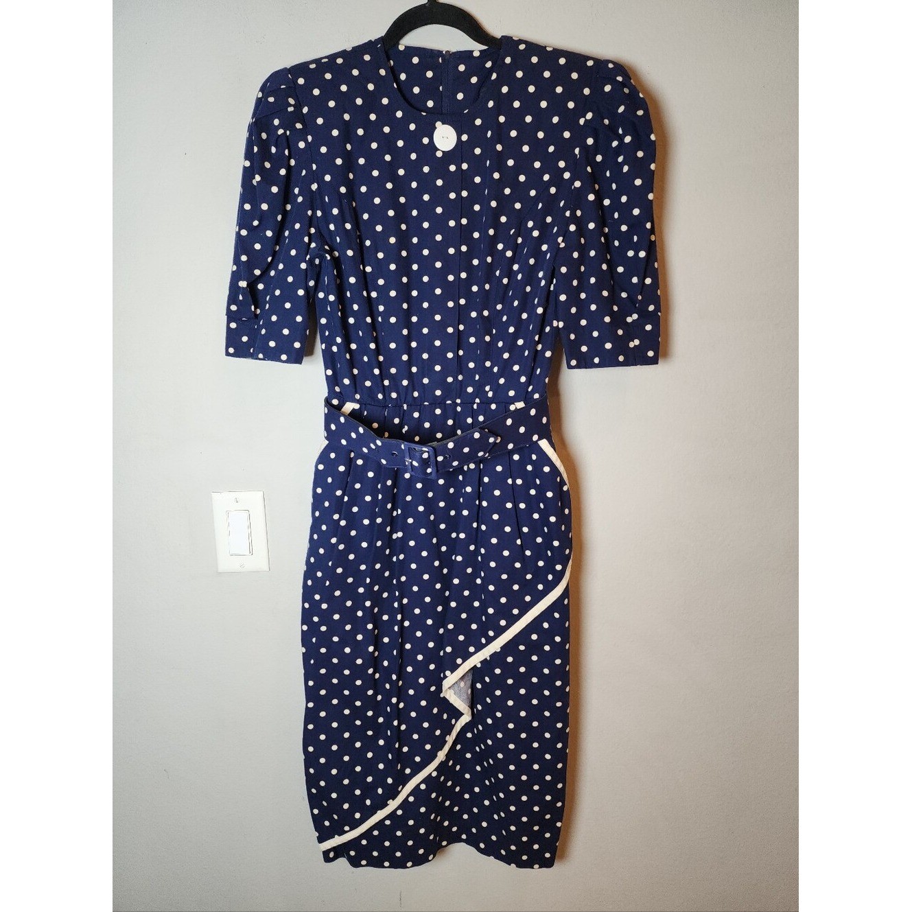 Vintage Choon California Dress Blue White Polka Dots Belt Pockets Est Size XS