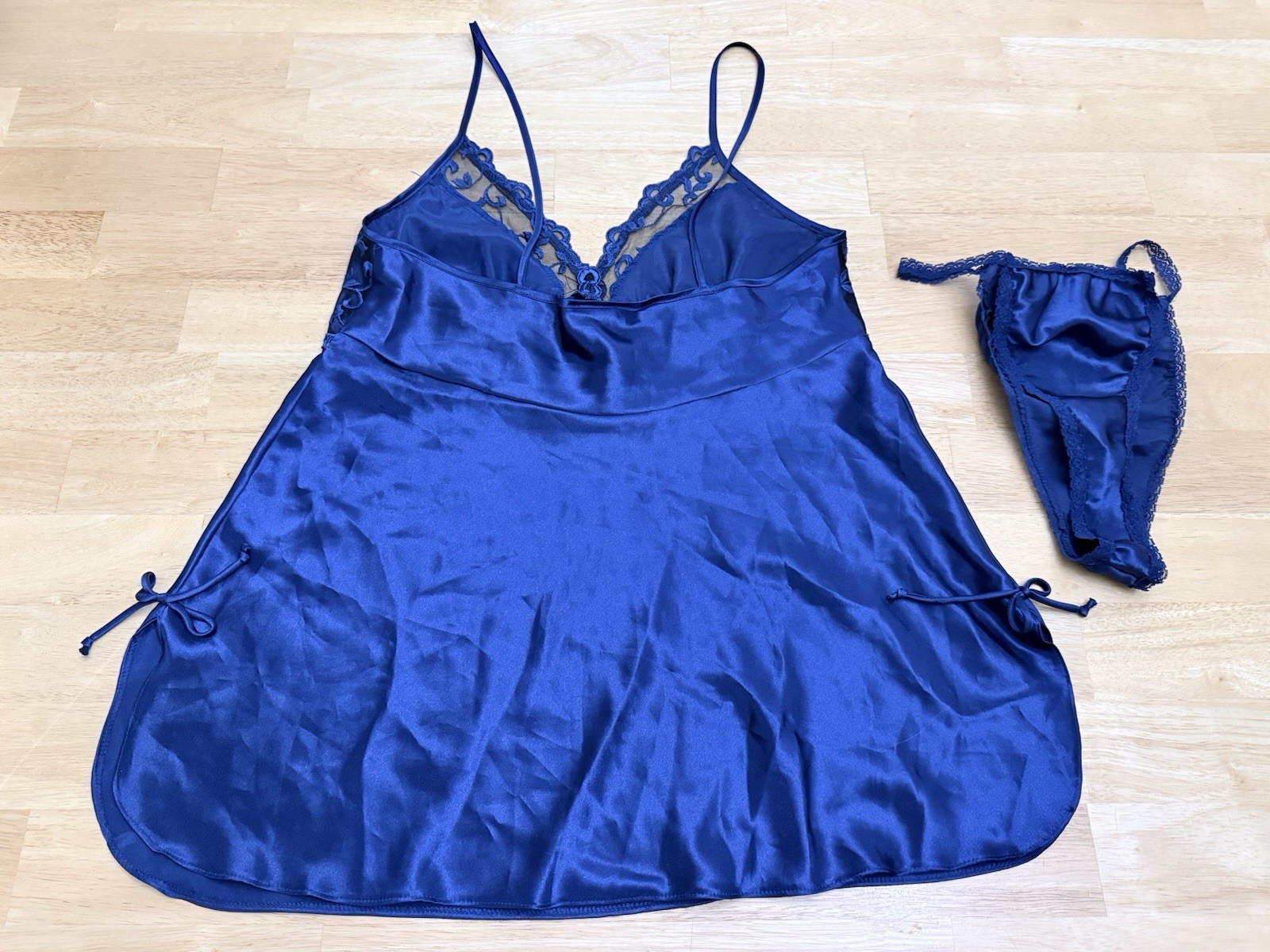 Vintage 80s 90s Lingerie Set Navy Blue Lace Silky Satin Sheer Sexy Thong Undie L