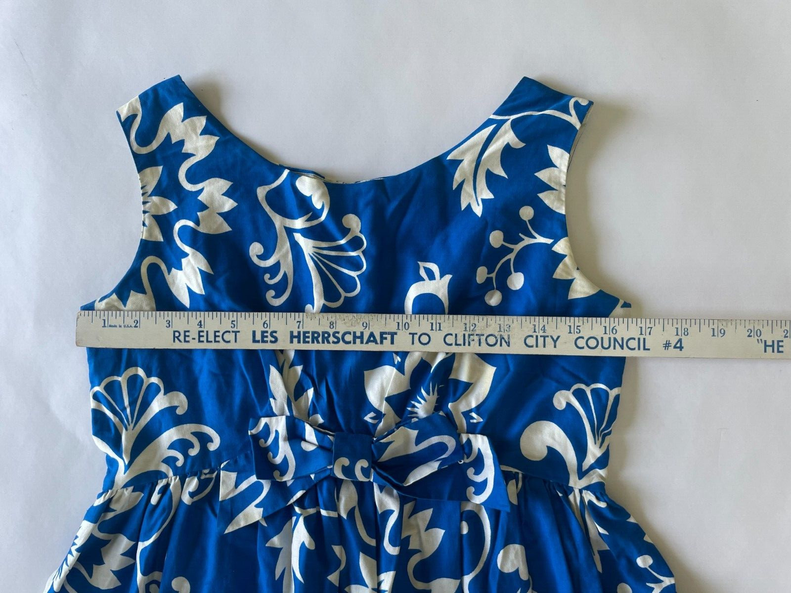 Vintage 1950s Waltah Clarke’s Hawaiian Blue Hibiscus Dress Bow Sm Md S/M