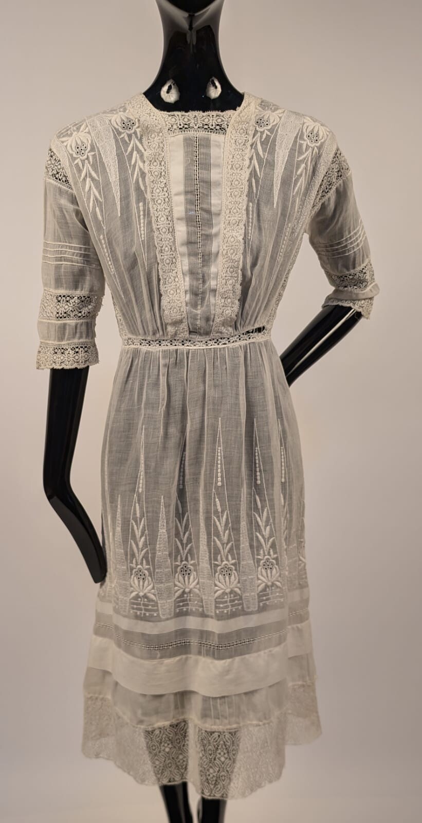 EDWARDIAN SHEER TEA DRESS W LACE INSERTION + EMBROIDERY