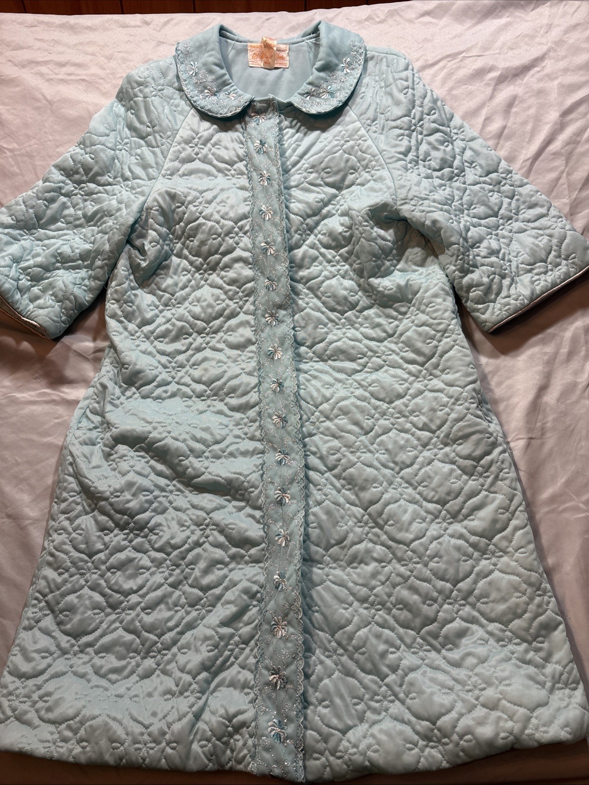 Vintage Sears At Home Wear Quilted Floral Snap Front Aqua Robe Housecoat Size 10