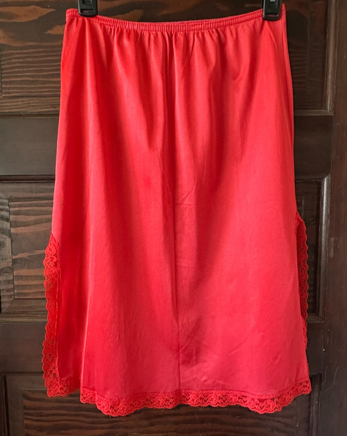 Vintage Red Nylon Slip Size Large Double Slit Lace 25″ Long
