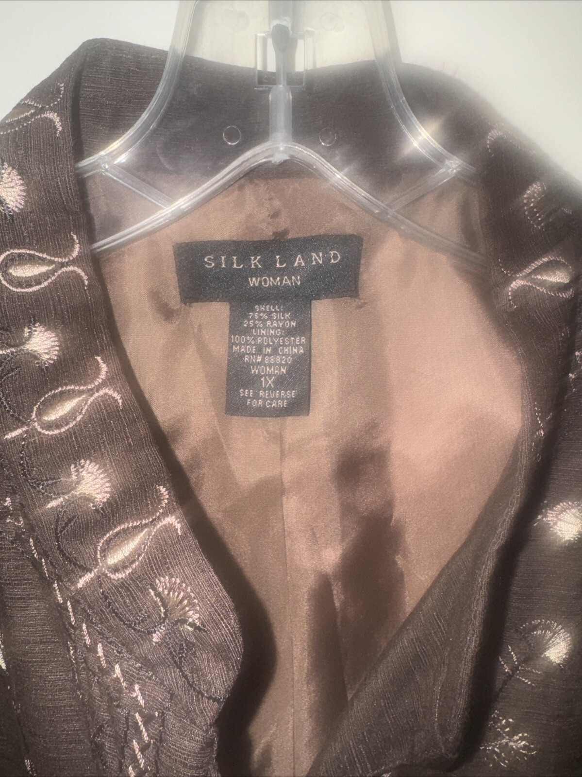 Silk Land Women’s 1X Silk/Rayon Embroidered/Beaded Brown Button Long Jacket Top