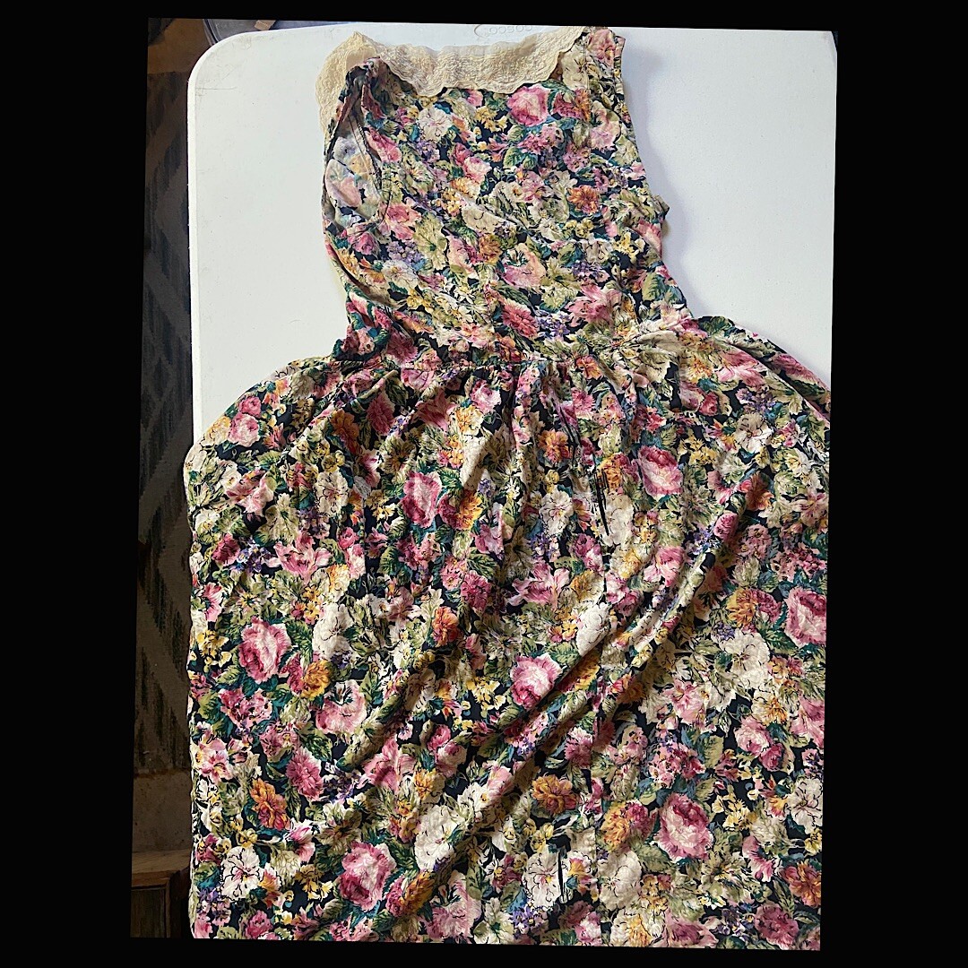 PHOOL 70s Vintage Lace Collar Floral Button Down Sleeveless Dress Size L