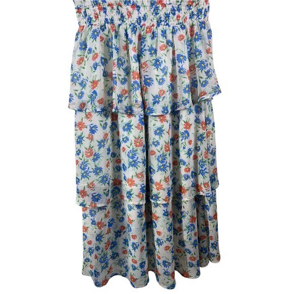 Draper James RSVP Floral Smocked Tiered Maxi Dress Ivory Blue Orange Large VGUC