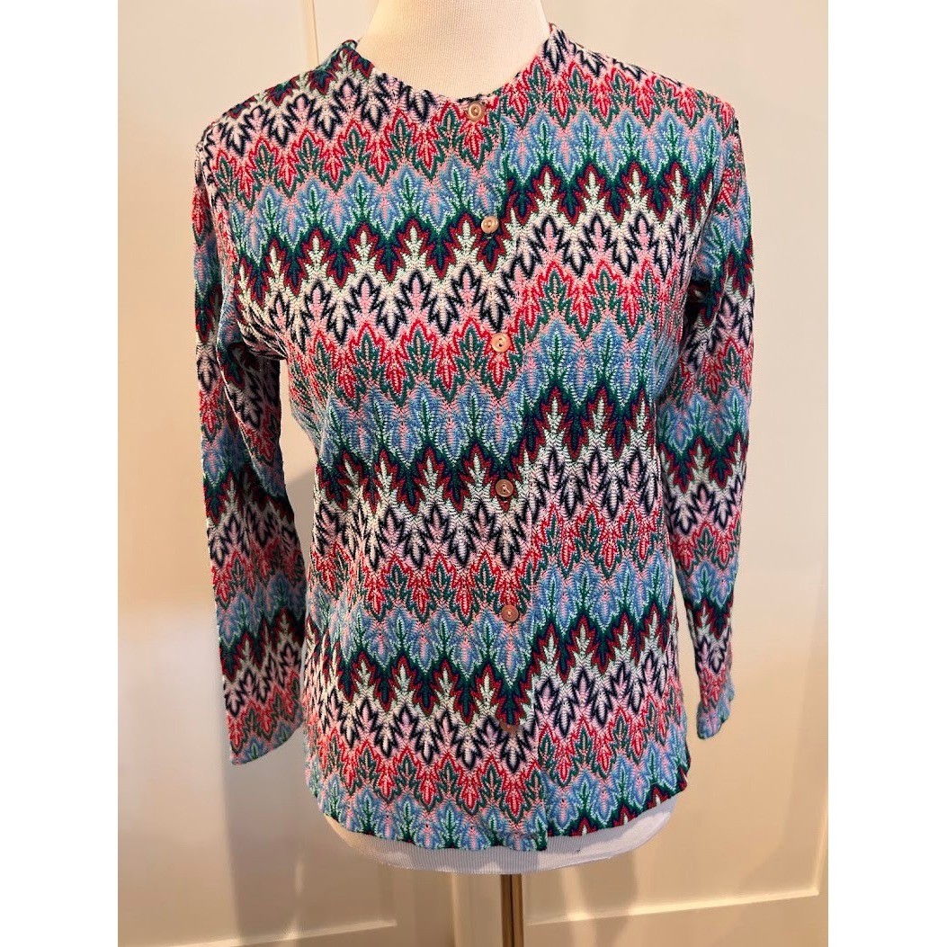 Miss Holly Vtg 70’s Chevron Zigzag Knit Cardigan Sweater Multi Color Womens M