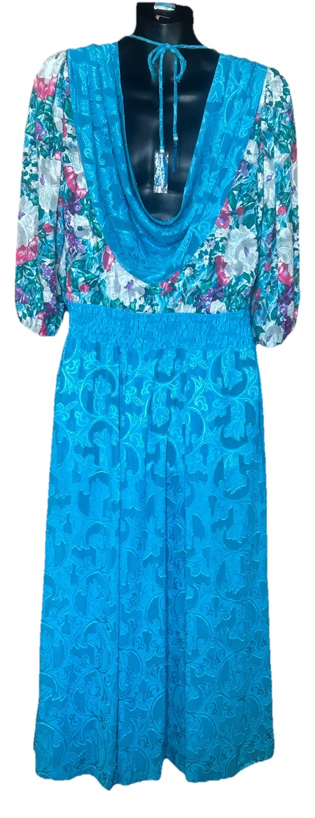 VTG 80’s Diana Freis Floral Print Brocade Poly Dress W/ Sequins+Scarf NWT Mod 12