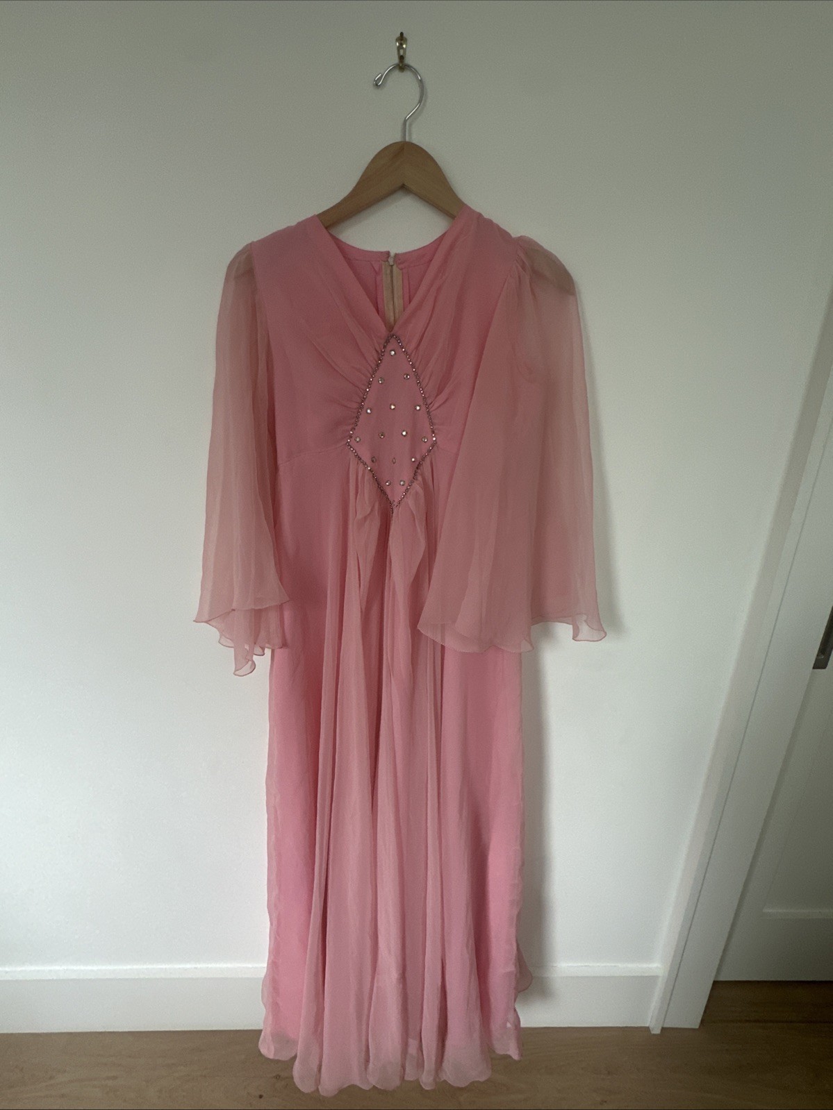 Vintage 1970s Pink Chiffon Maxi Dress Cape Sleeves Rhinestone Brooch Formal Gown