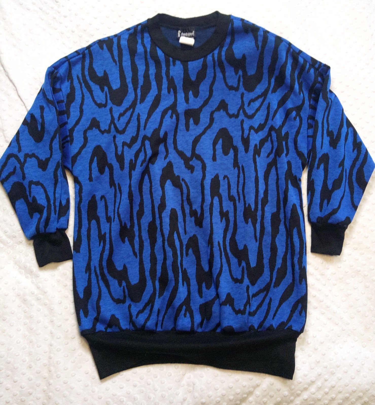 Vintage 70s-80s Tiger Stripe Acrylic Sweater Blue Black Size 18 Made With In USA