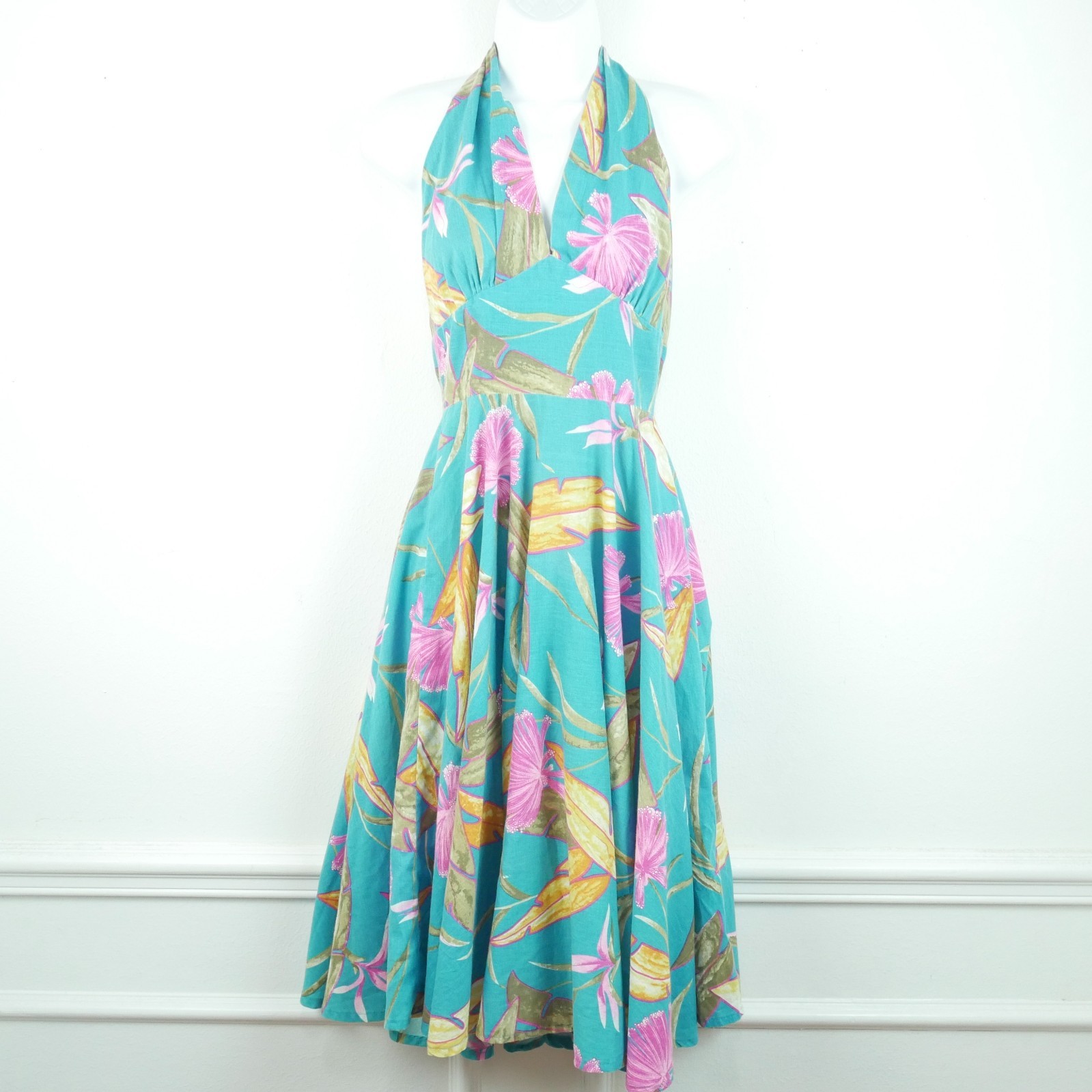 Vintage Retro Halter Dress Pinup Fit Flare Circle Skirt Tropical Rockabilly S