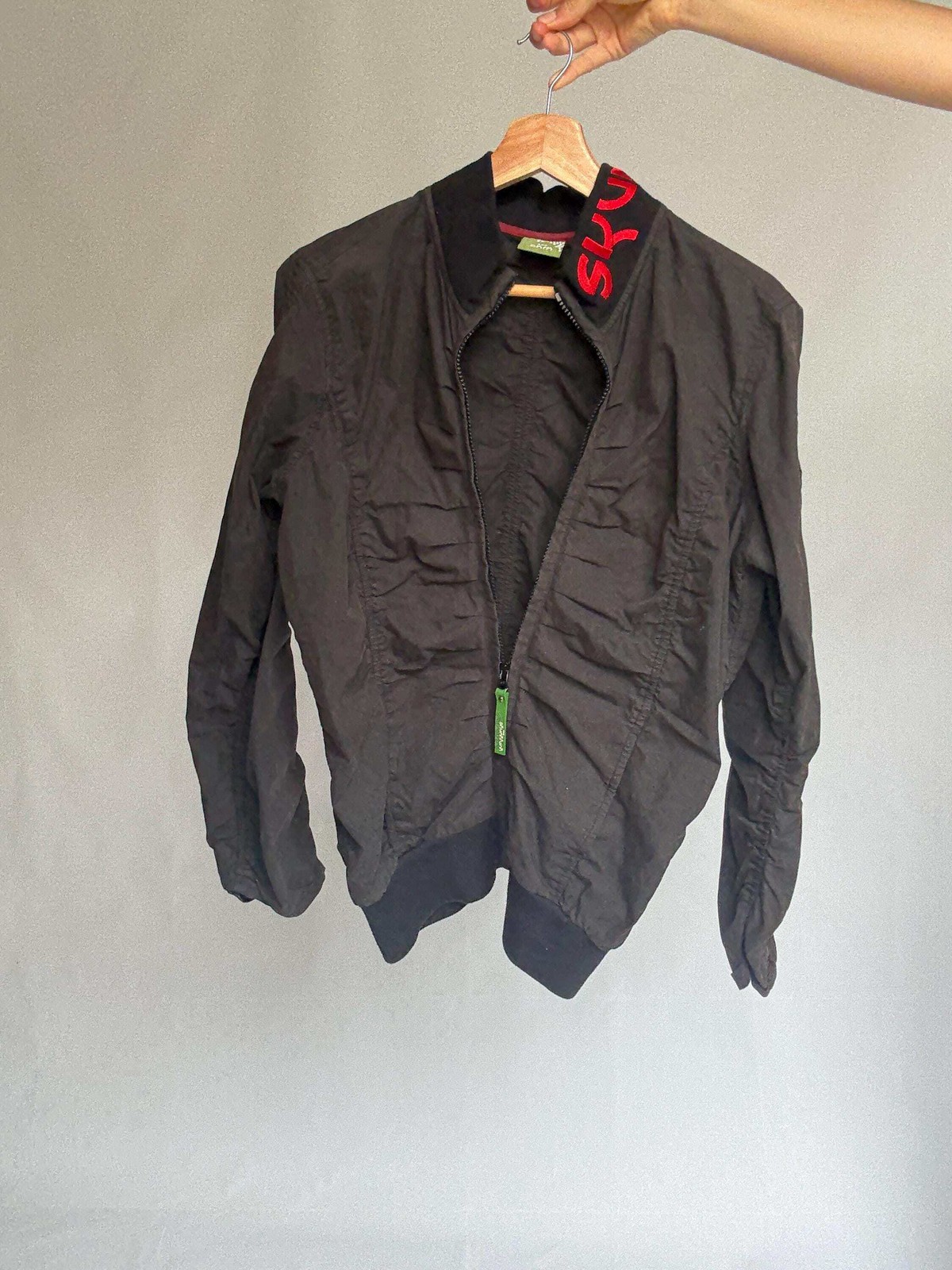 Skunkfunk zip-up bomber jacket – ruched black jacket in cotton blend – YKK zippe